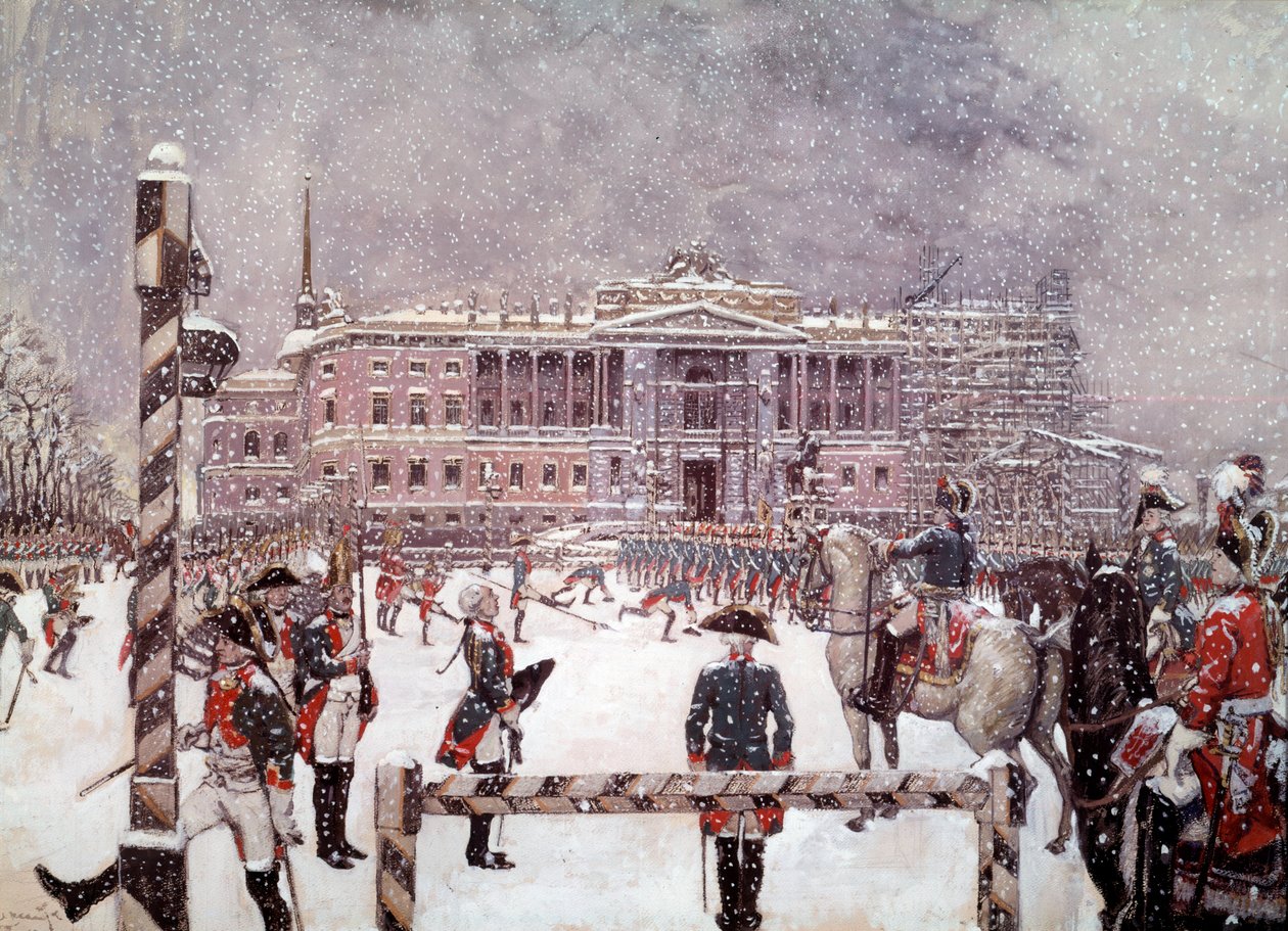 Vojenská přehlídka před Michajlovským palácem za přítomnosti Pavla I. (1754-1801), ruského císaře. ruská škola od School Russian