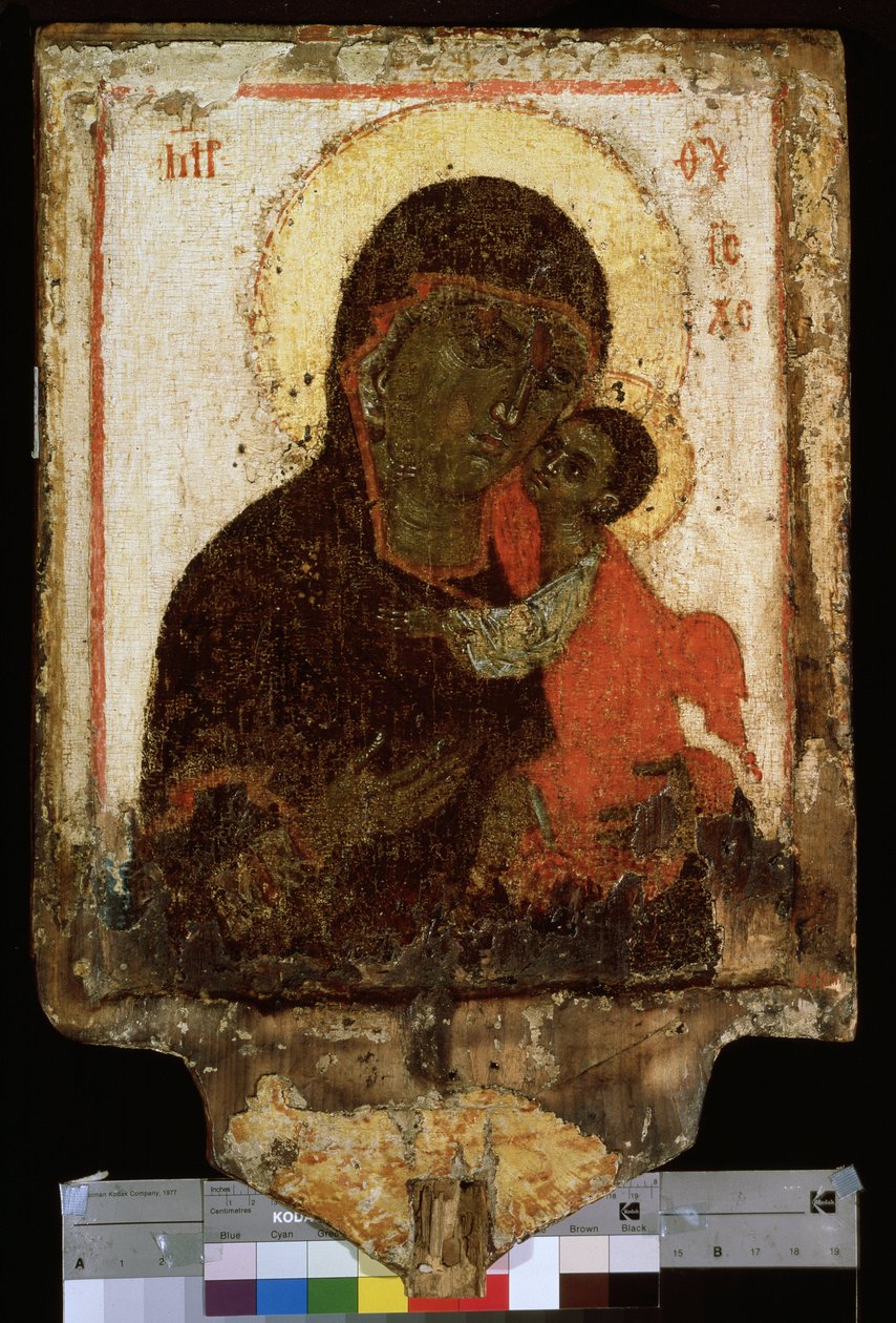 Ruská ikona ""Naše paní (Naše paní) Něhy"" nebo ""Panna Eleusa (Eleousa)"". Malba na dřevě z konce 14. počátku 15. století. Státní ruské muzeum Petrohrad od School Russian