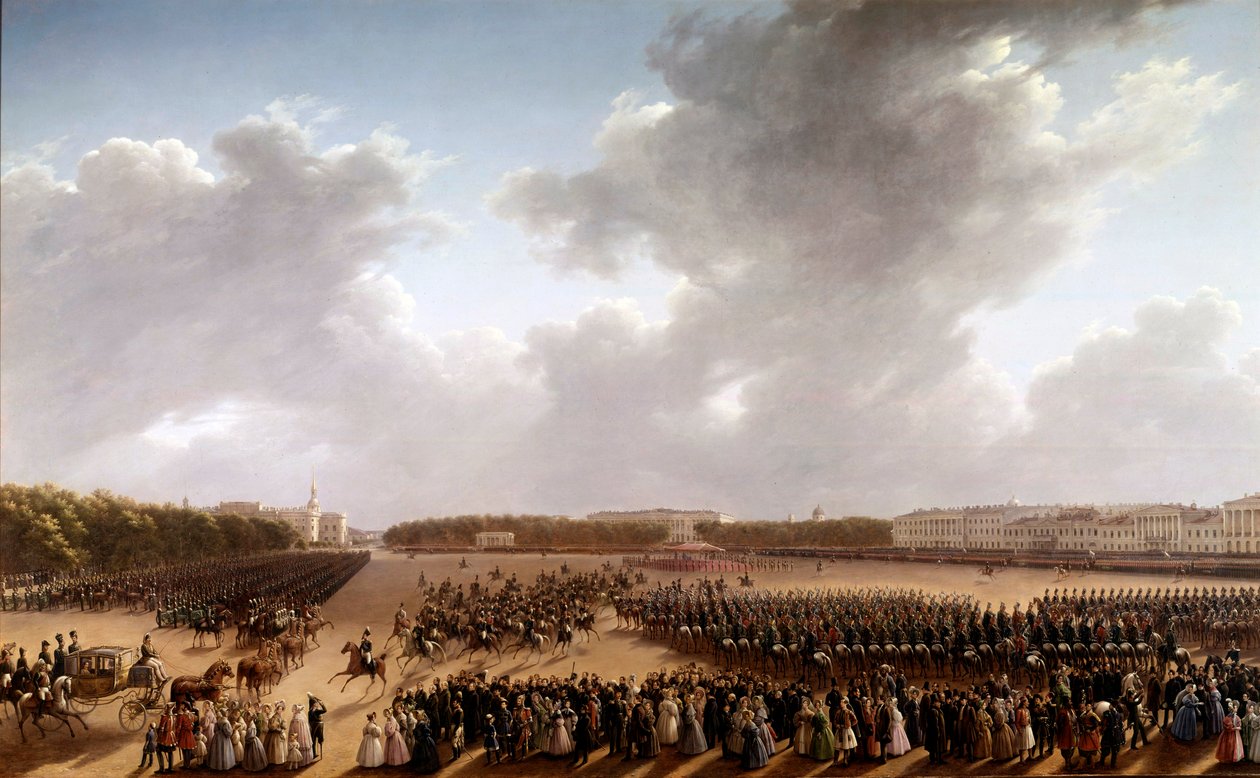 Přehlídka na Champs de Mars, v popředí Alexander Puškin (Puškin) (1799-1837) a Nicolas I (1796-1855) na koni jedoucí před imperatrice v kočáře v Paříži Obraz Ruské školy. 1825-1830. Petrohrad, Muzeum od School Russian