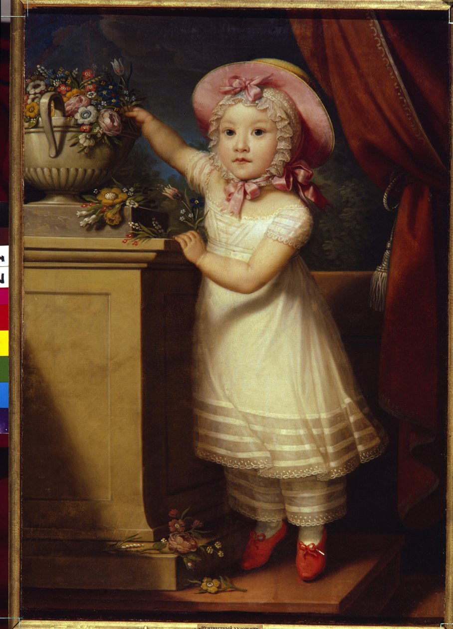 Portrét Jekatěriny Dmitrievny Obreskové (1822-1874). (Portrét Jekatěriny Dmitrievny Obreskové). Malá holčička, elegantní a vzácná, stojí na špičkách, aby zvedla nějaké květiny z kytice. Anonymní obraz, olej na plátně, v od School Russian
