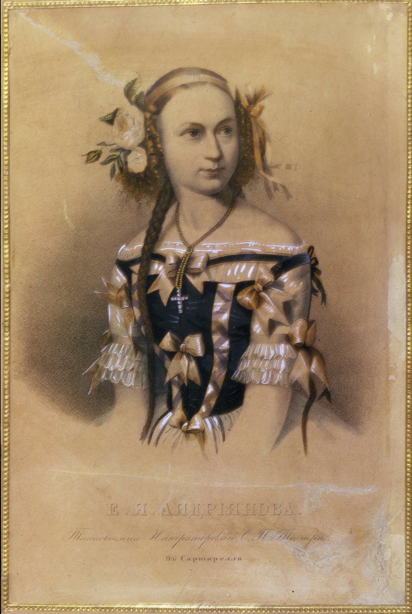 Portrét ruské baleríny Eleny Andreyanové (Andrianova) (1819-1857). (Baletní tanečnice Elena Andreyanova). Barevná litografie od ruského umělce od School Russian
