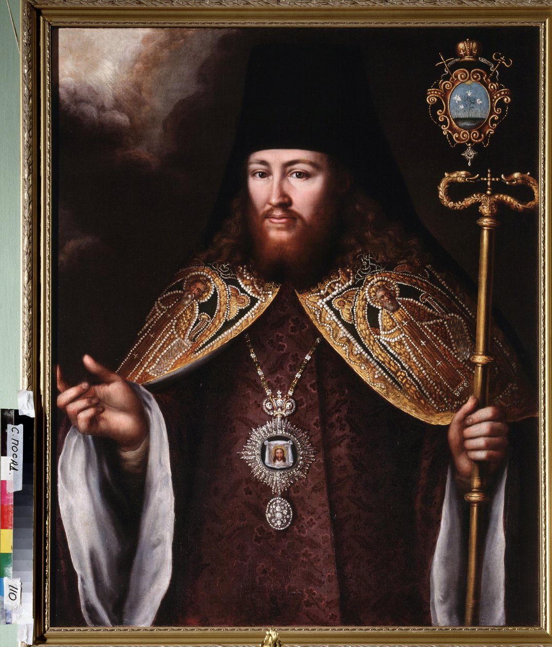 Portrét Archimandrita Gedeona Krinovského (1726-1763). (Představitel pravoslavného kláštera (opat), na hlavě klobouk a prsní klenot představující Svaté plátno. Obraz ruského mistra, olej na plátně od School Russian