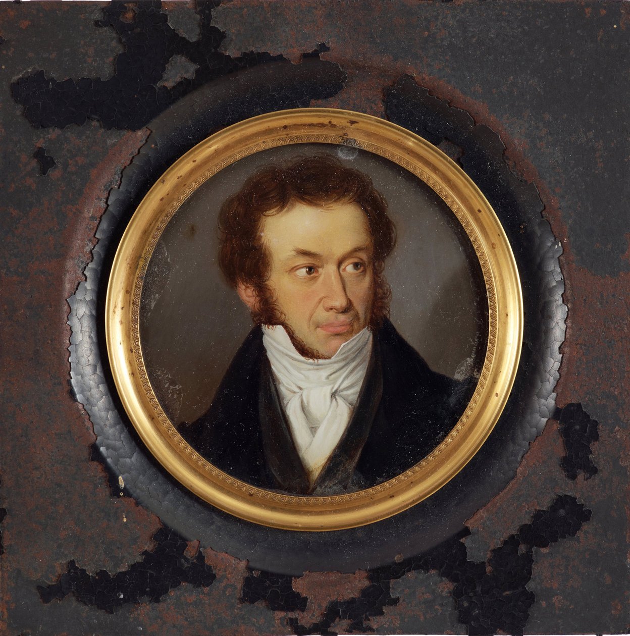 Portrét spisovatele Alexandra Puškina (1799-1837) - Anonymní dílo, kvaš na pergamenu (8,5x9 cm), cca 1830 - Portrét autora Alexandra Puškina, Kvaš na pergamenu, anonym od School Russian