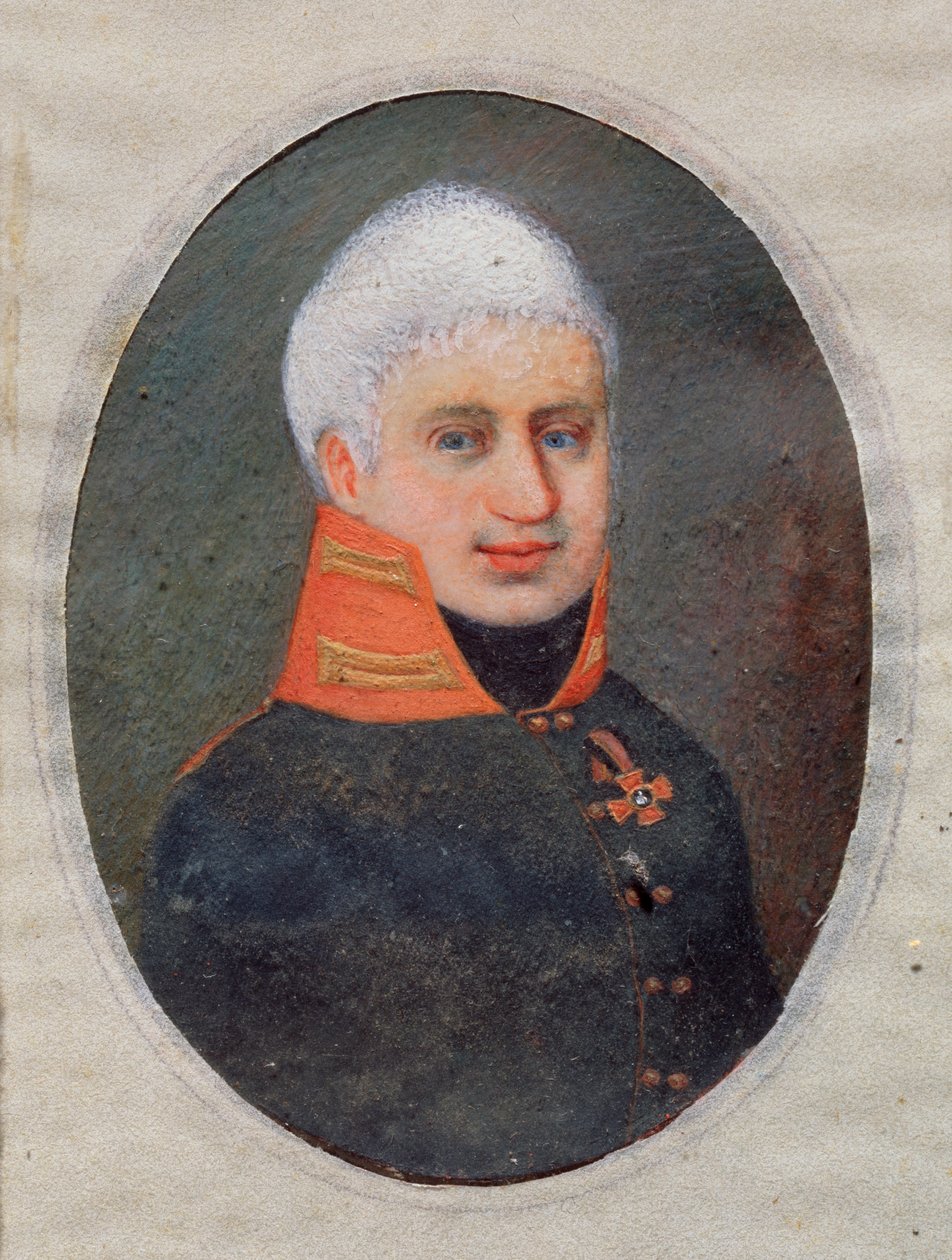 Portrét básníka Antona A. Delviga (Delwig) (1798-1831). (ve vojenské uniformě). Dílo ruského mistra, akvarel a kvaš na rohu, kolem roku 1800. Ruské umění 19. století. Státní muzeum umění, Tula (Rusko). od School Russian