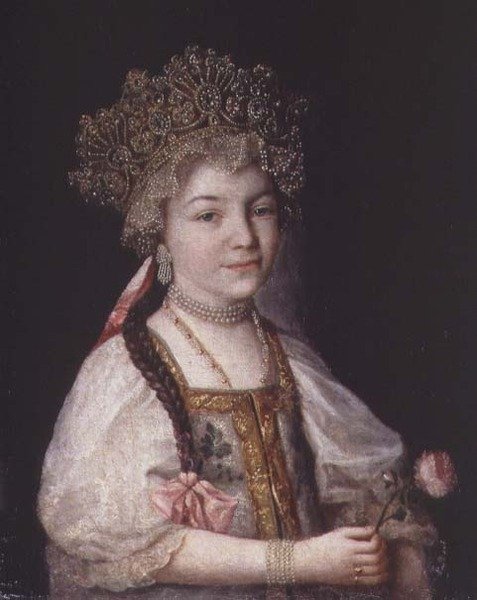 Portrét Alexandry Pavlovny v ruském národním kroji, asi 1790 (olej na plátně) od School Russian