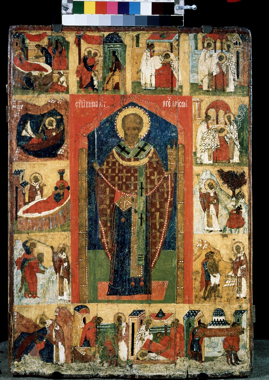 Oltářní obraz života svatého Mikuláše z Myre nebo Bari (270-345). Ruská ikona. Malba na dřevě z konce 15. století. Státní Treťjakovská galerie, Moskva od School Russian