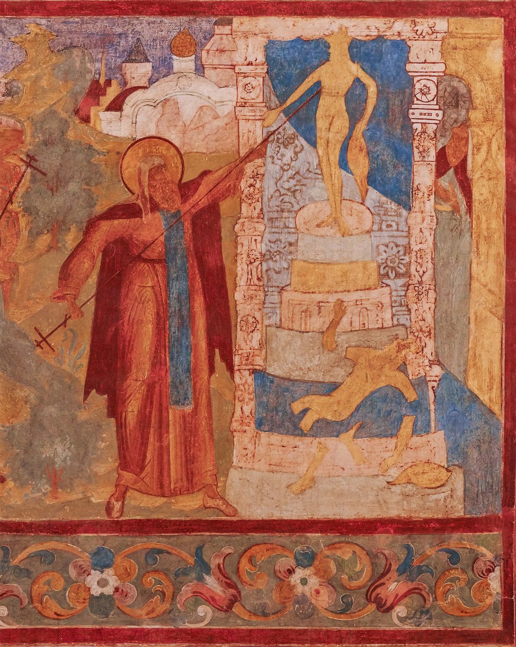 Svatý Abraham z Rostova (mort en 1074 nebo 1077) detruit les idoles de Veles - Abraham z Rostova ničí Velesovu sochu. Freska kostela svatého Jana apoštola v Rostovském Kremlu - starověké ruské fresky. Freska od School Russian