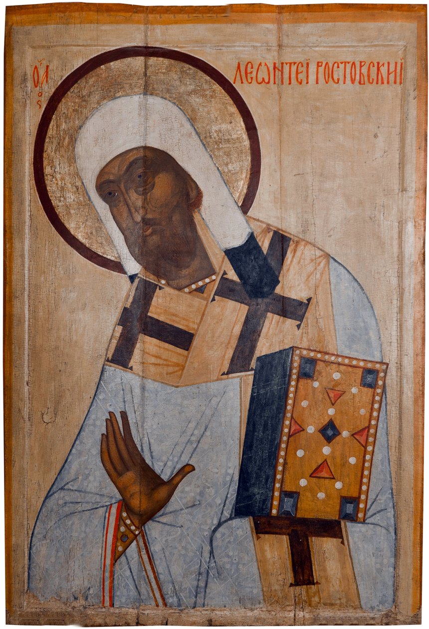 Saint Leonce de Rostov (mort en 1077) - ruská ikona: Svatý Leontius z Rostova. Tempera na panelu, počátek 16. století, Státní skanzen Rostov Kreml, Rostov od School Russian