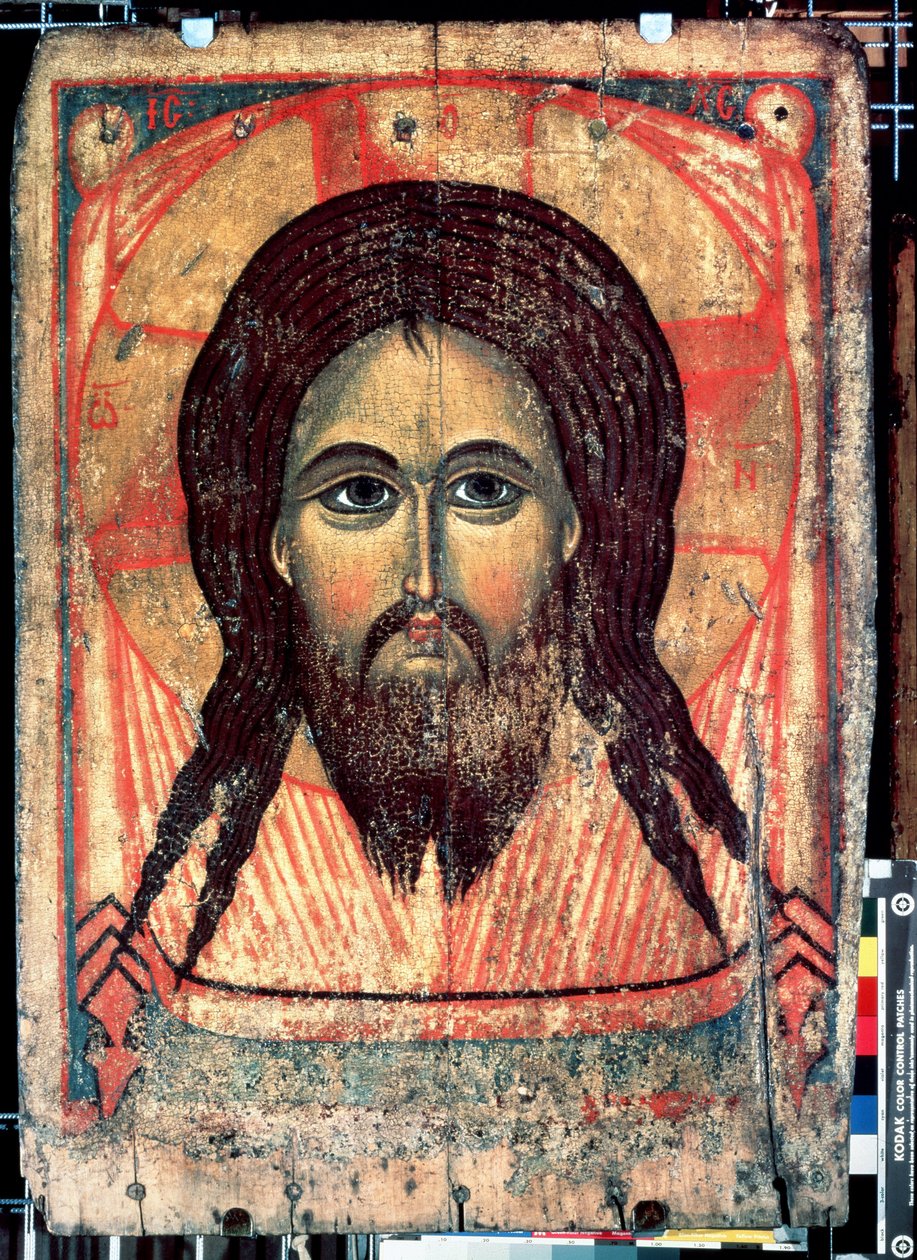 ""Saint Mandylion"" Zobrazení Kristovy tváře vytištěné na závoji (svatá tvář). Ruská ikona. Malba na dřevě z konce 14. století Státní Treťjakovská galerie, Moskva od School Russian