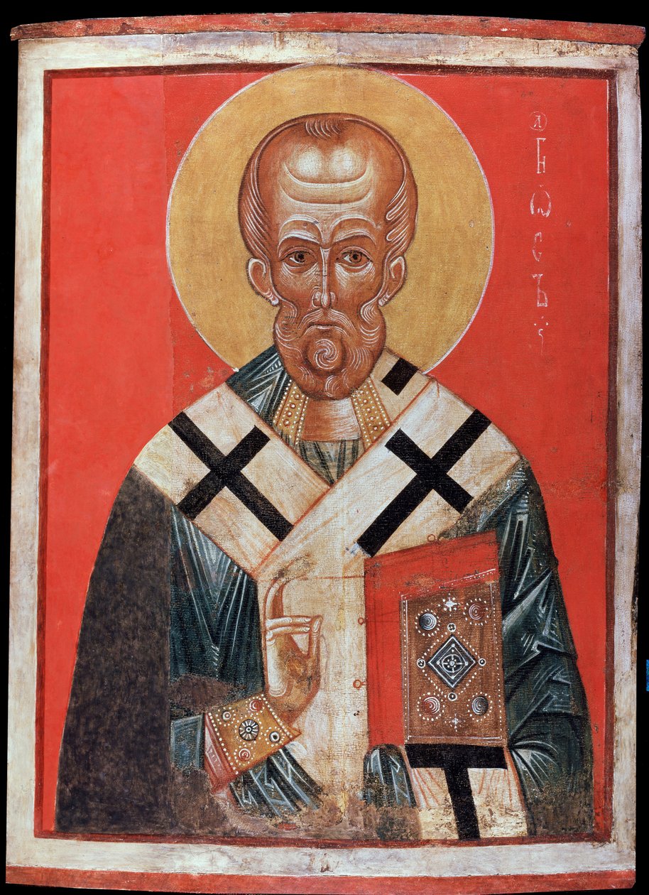 Saint Nicolas (nebo Saint Nicolas de Myre nebo Saint Nicolas de Bari, 270-345) (Saint Nicholas). Ruská ikona, tempera na dřevě, konec 13., začátek 14. století, umění z Novgorodu (Rusko). Státní Ermitáž, Petrohrad. od School Russian