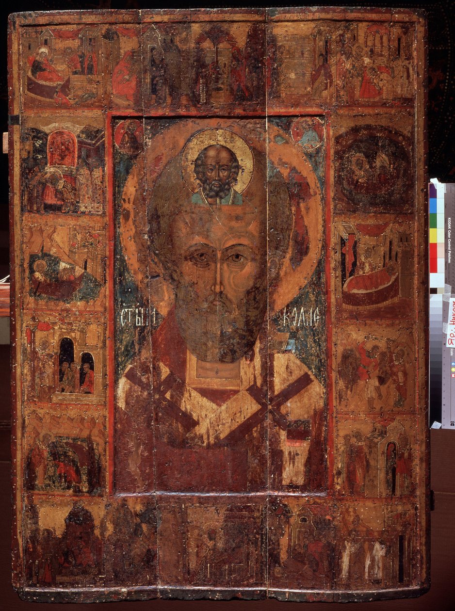 Saint Nicolas de Myre ou de Bari, avec des scenes de sa vie (Svatý Mikuláš se scénami svého života). Ruská ikona, tempera na dřevě, počátek 15. století, starověké umění z Jaroslavle (Rusko). Státní muzeum umění, Jaroslavl (Rusko). od School Russian
