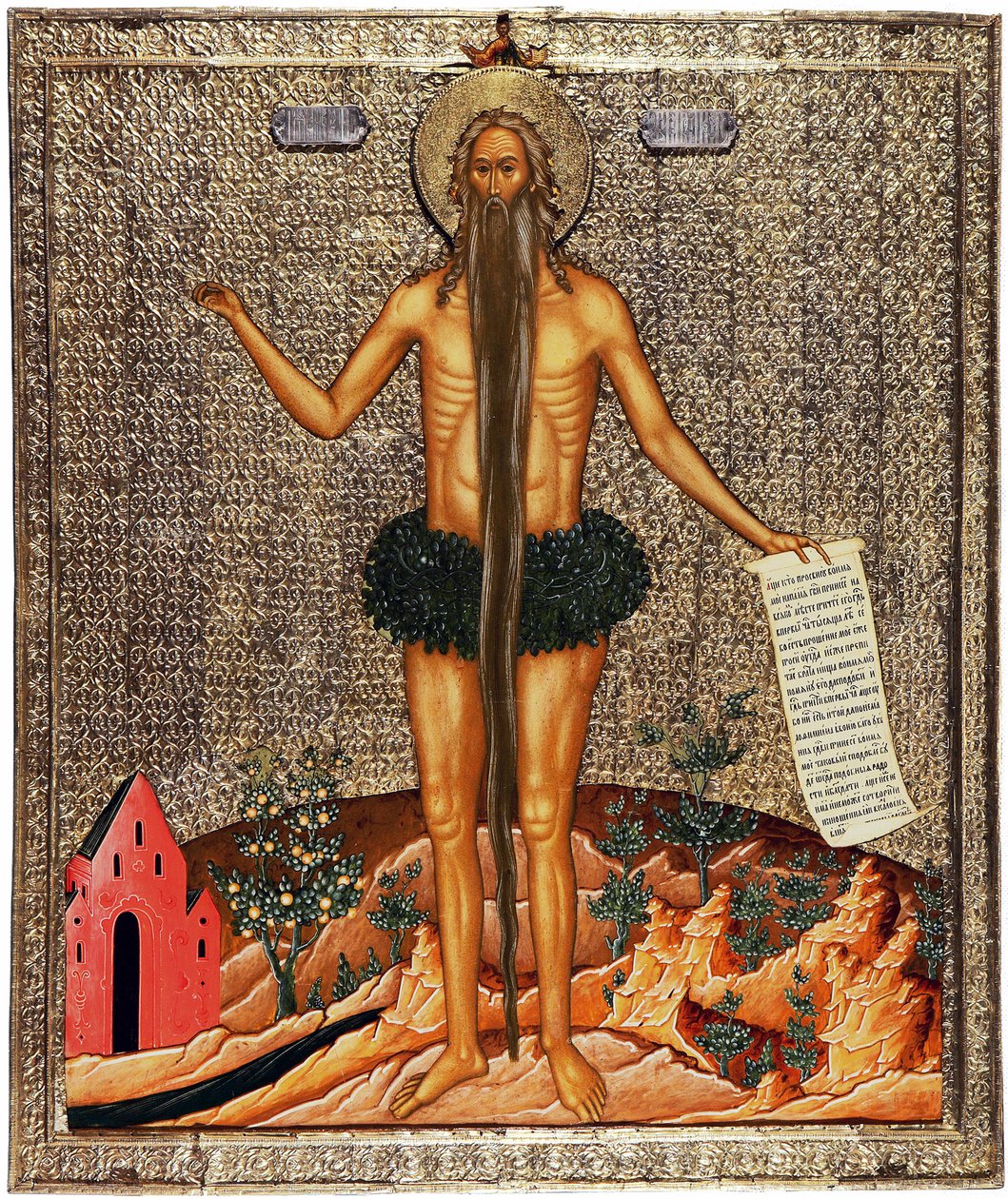 Svatý Onuphrius (Svatý Onuphrius). Onuphre anachorit nebo The Great (4. století), mnich, pak poustevník v Egyptě, je tradičně představován s dlouhým plnovousem a větvemi jako oděv. Anonymní práce z Moskvy, tempera na dřevě, cca od School Russian