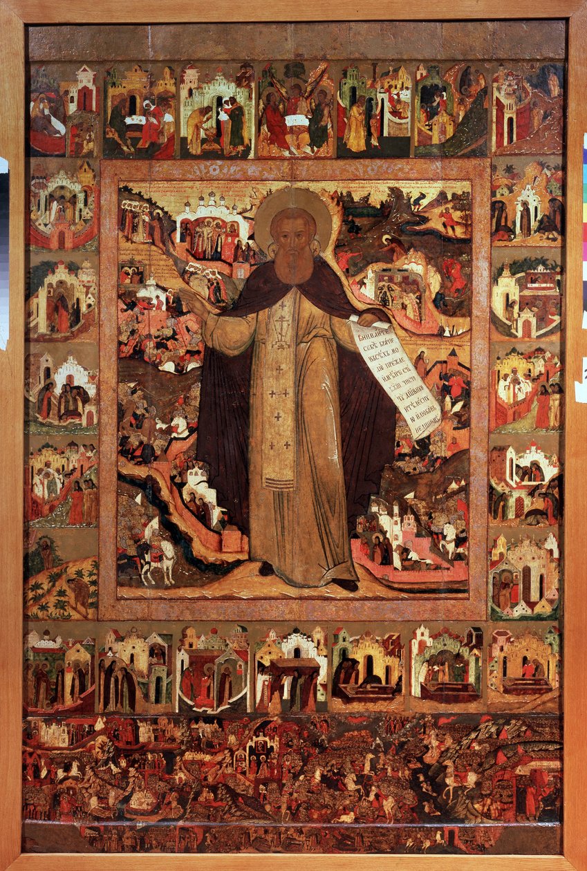 Svatý Sergius z Radonege (1313-1392) s výjevy z jeho života (Saint Sergius z Radoneže se scénami svého života). Ruská ikona, tempera na dřevě, kolem roku 1640. Starověké umění z Jaroslavle (Rusko). Státní muzeum umění, Jaroslavl (Rusko). od School Russian