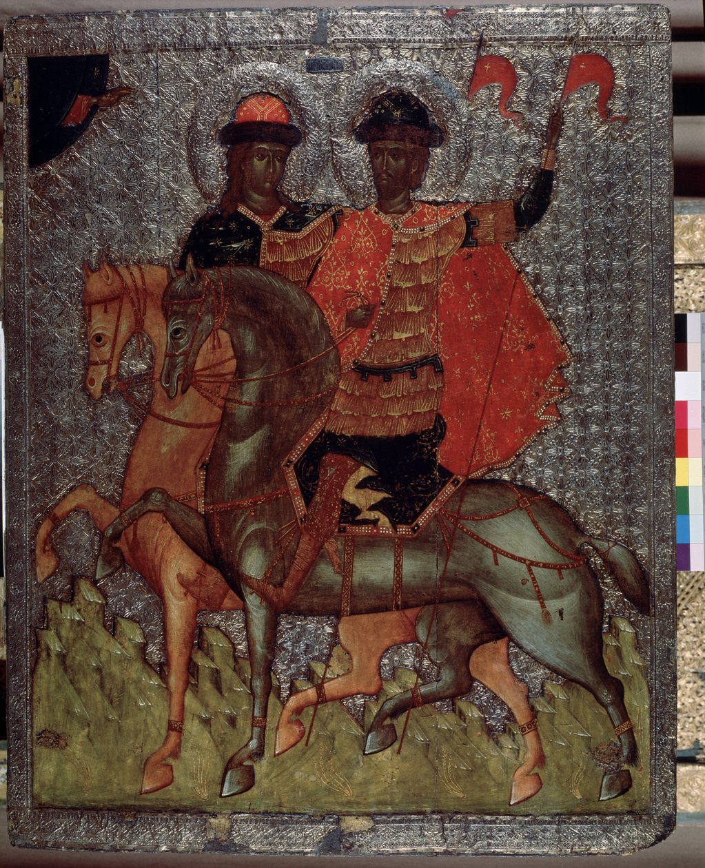 Svatí Boris (nebo Roman) a Gleb (nebo David) na koni (mučedníci v roce 1015) (Svatí Boris a Gleb na koni). Mladší synové svatého Vladimíra, velkoknížete Kyjeva, se vždy vyznačovali zbožností, ale po smrti svého otce, nejstaršího Svia od School Russian