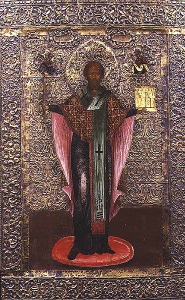 Mikuláš z Možajsku, ikona, kolem 1700 (tempera na panelu s mosazným obkladem) od School Russian