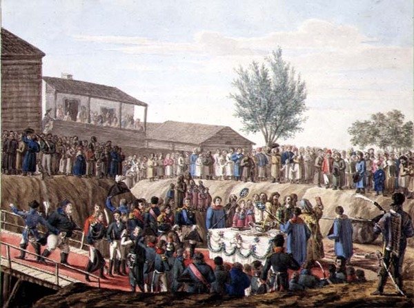 Položení prvního kamene celnice v Mohiloff v roce 1820 (akvarel na papíře) od School Russian