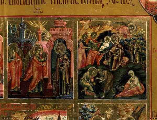 Vzkříšení a sestup do pekla, detail z Okraje svátků zobrazující Zvěstování a Narození Páně (tempera na panelu) od School Russian
