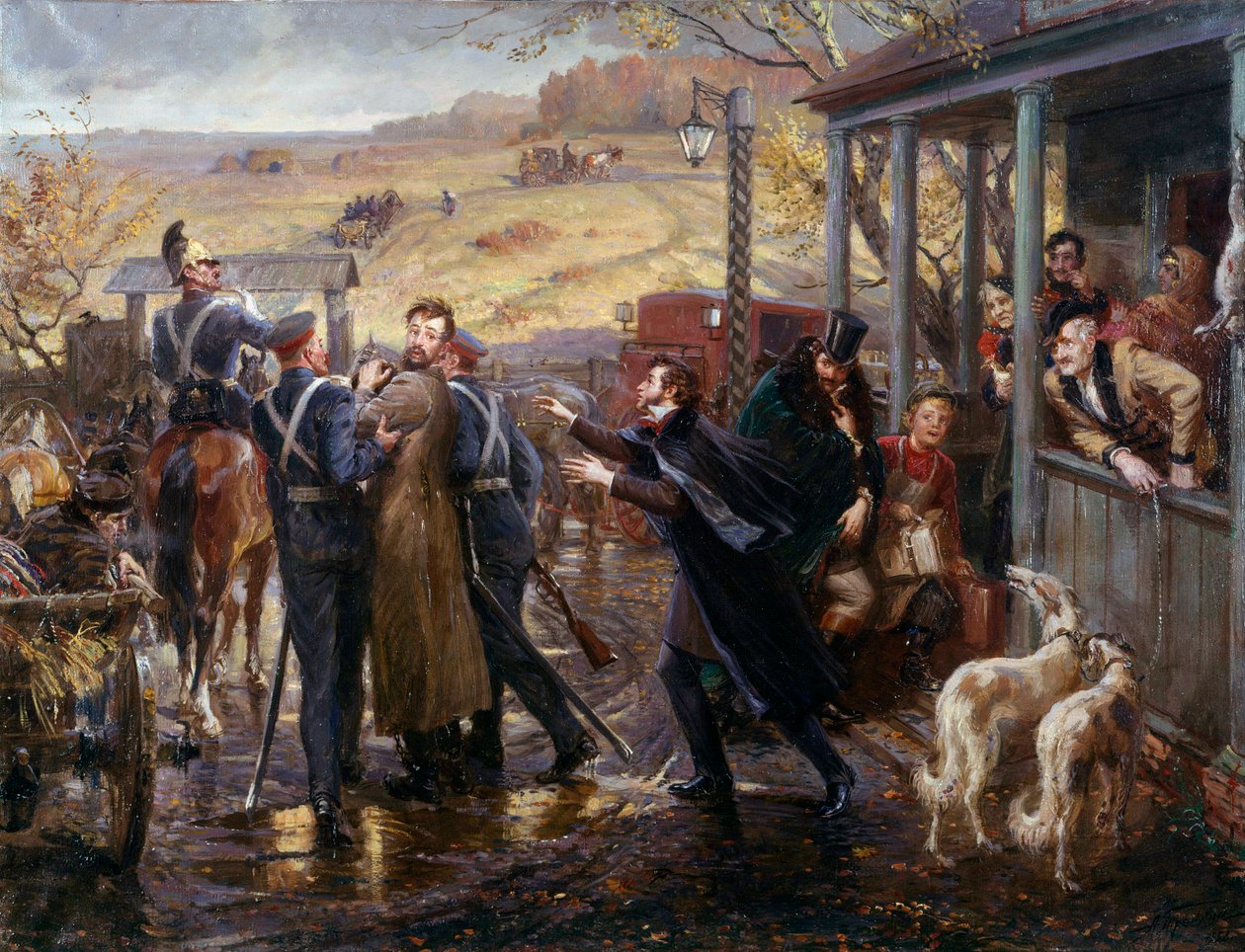 Ruský básník Alexander Pushkin (Puškin) (1799-1837) se setkává se svým přítelem děcembristou Kukhelbackerem, který odjíždí na nádraží Zabaze v roce 1827 Obraz ruské školy. 19. století Petrohrad, Ermitáž muzeum od School Russian