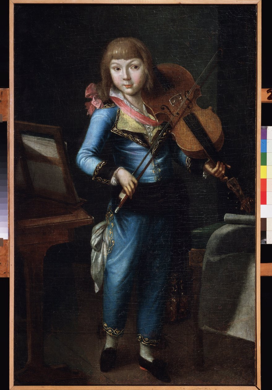 Mladý houslista v modrém obleku. Obraz ruského mistra, olej na plátně, kolem roku 1790. Ruské umění 18. století. Muzeum Palace Theatre Ostankino, Moskva. od School Russian