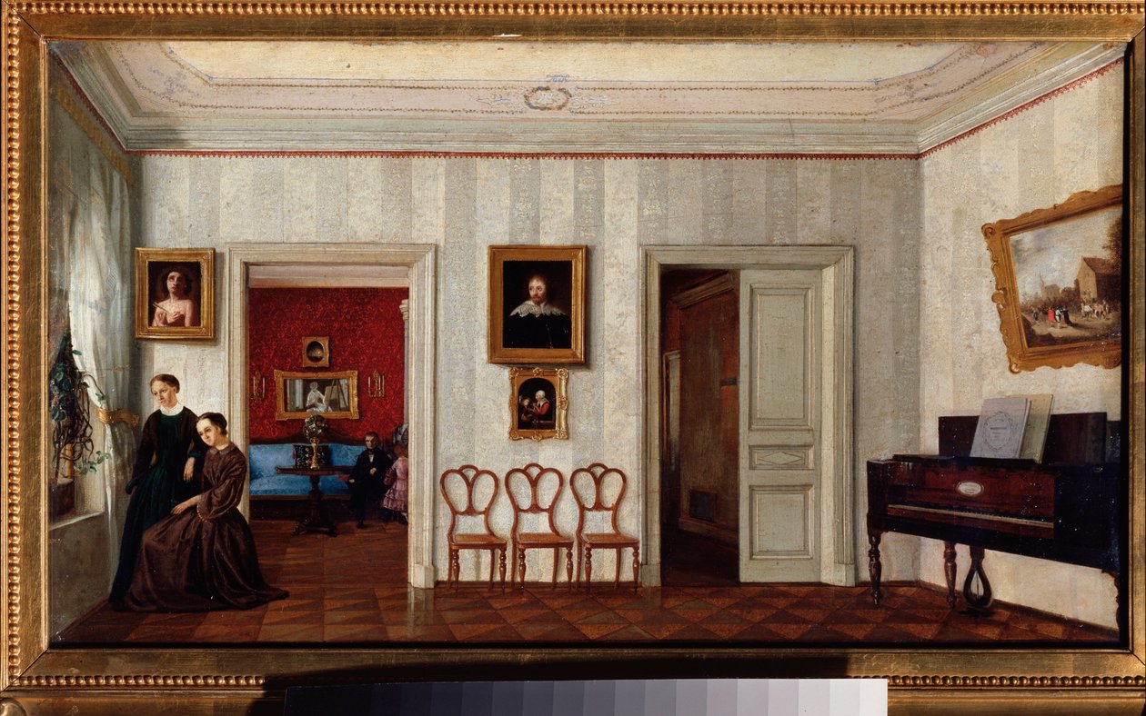 Malá místnost s klavírem. (A dvě ženy při pohledu z okna). Obraz od ruského mistra, olej na plátně, polovina 19. století. Státní Treťjakovská galerie, Moskva. od School Russian