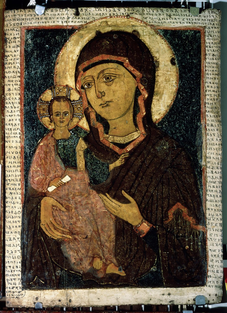 ""Panna Hodegetria (Hodigitria)"" Panna Maria a dítě Ježíš, jehož svatozář je označena křížem. Ruská ikona. Malba na dřevě z konce 13. století. Státní Treťjakovská galerie, Moskva od School Russian