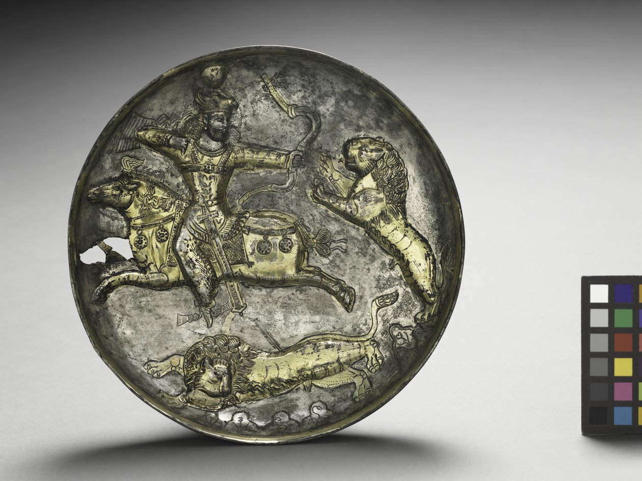 Pokrm: Král Hormizd II nebo Hormizd III Lov lvů, 400-600 (stříbrně zlacený) od School Sasanian