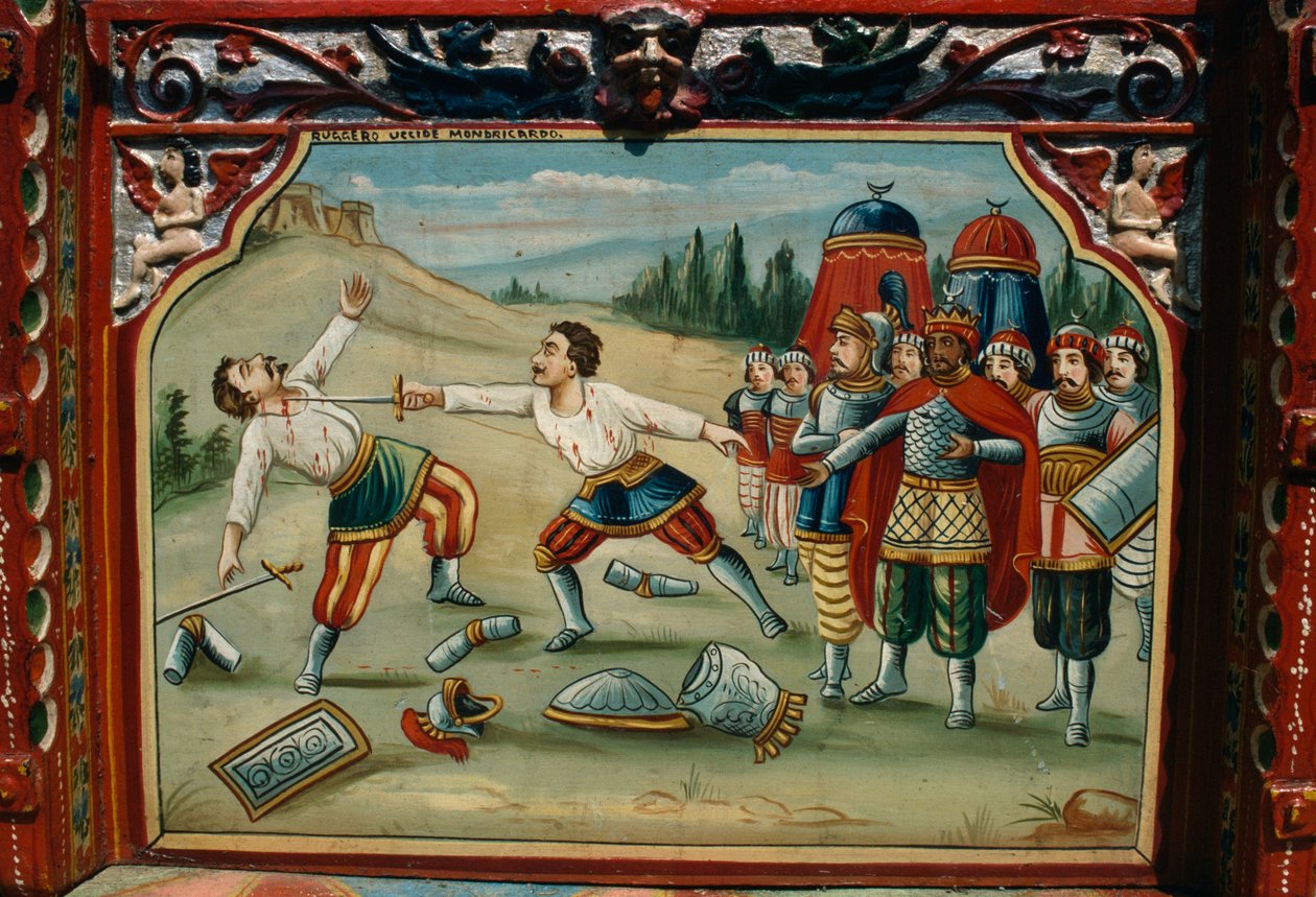 Malovaný, ručně vyřezávaný, tradiční sicilský vozík, Sicílie, Itálie, Detail od School Sicilian