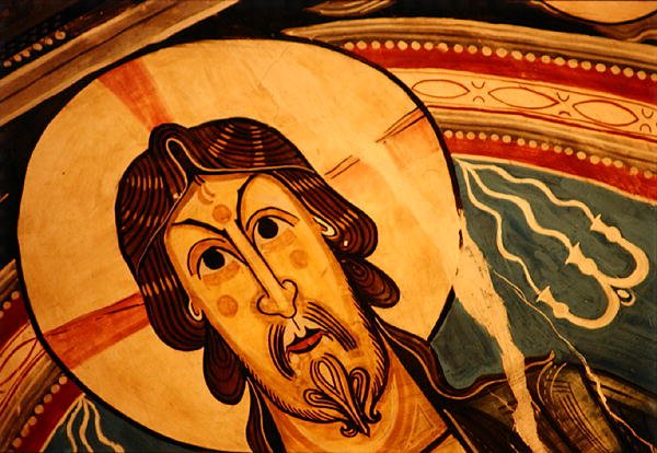 Kristus ve majestátu lemovaný serafy a symboly evangelistů, kopie originálu z 12. století (freska) (detail) od School Spanish