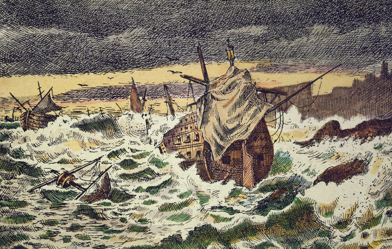 Zničení bouří nepřemožitelné španělské armády, vyslané králem Filipem II. proti Anglii v roce 1588 (ručně kolorovaná rytina) od School Spanish