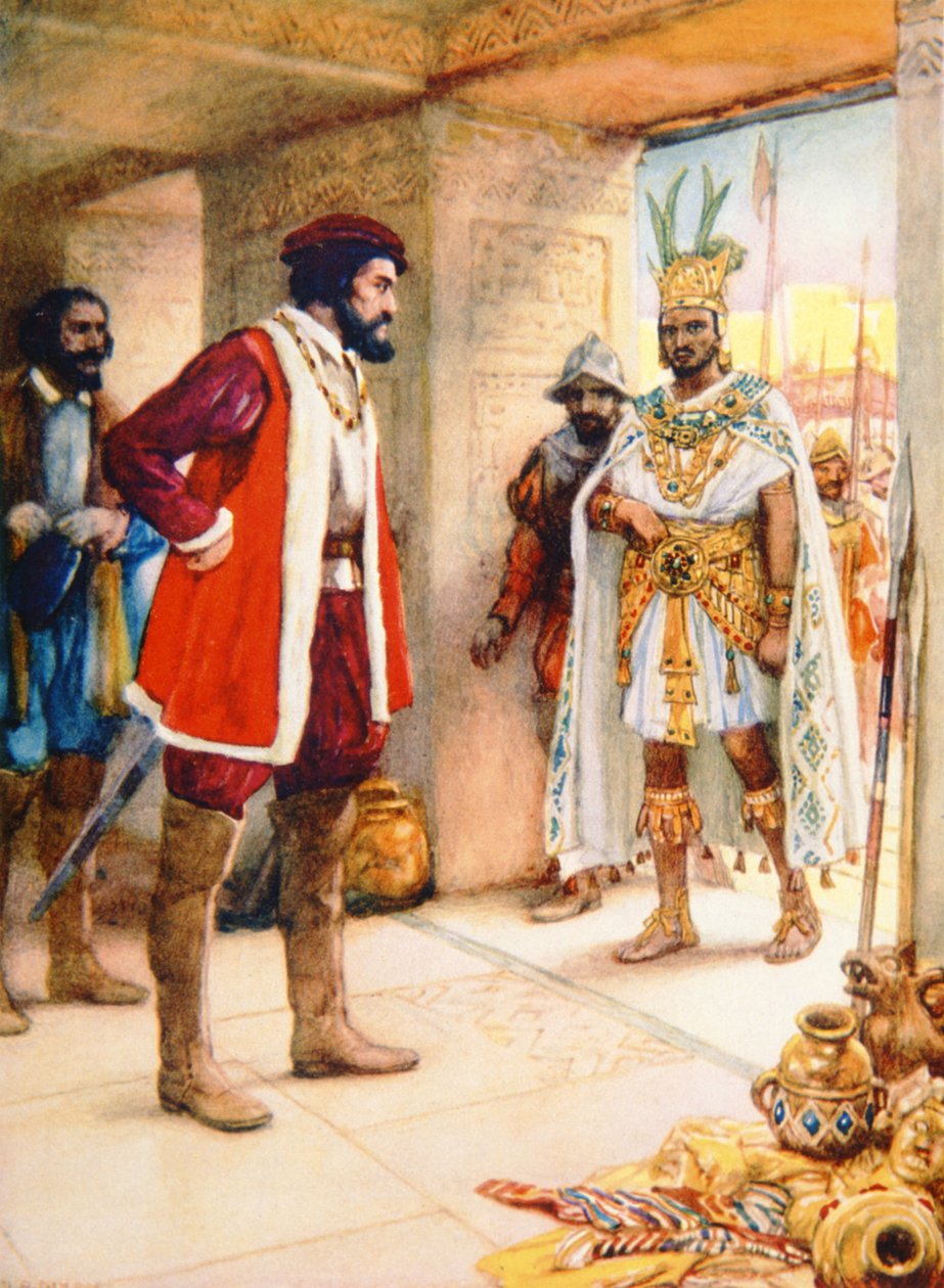 Hernan Cortes dělá z Montezumy rukojmí v roce 1519 (barevné lito) od School Spanish