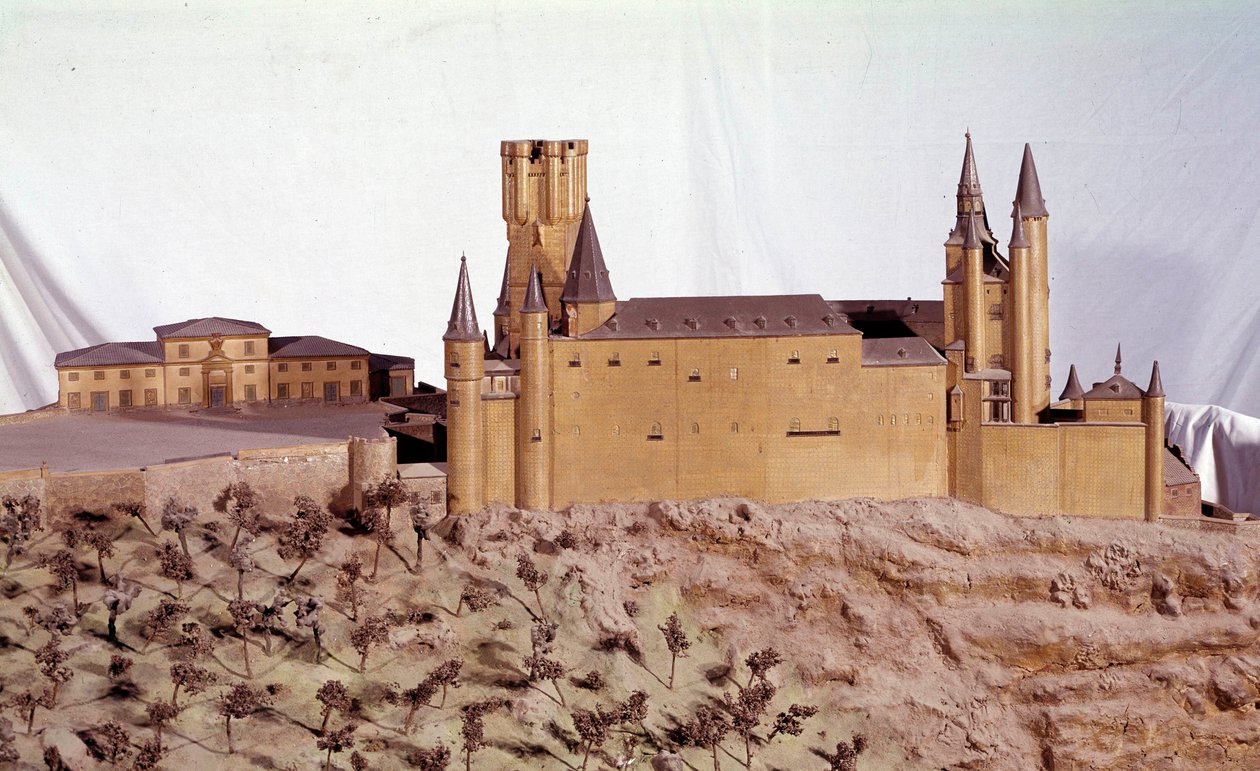 Vojenská architektura: miniaturní model královského Alcazaru ze Segovia postavený kastilským králem Alfonsem VI. Madridské muzeum Armee. od School Spanish