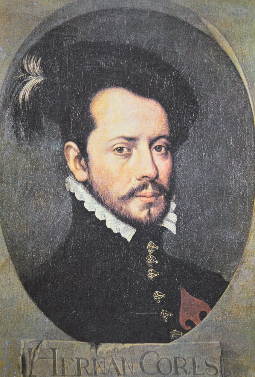 Portrét Hernana Cortese (barevné lito) od School Spanish