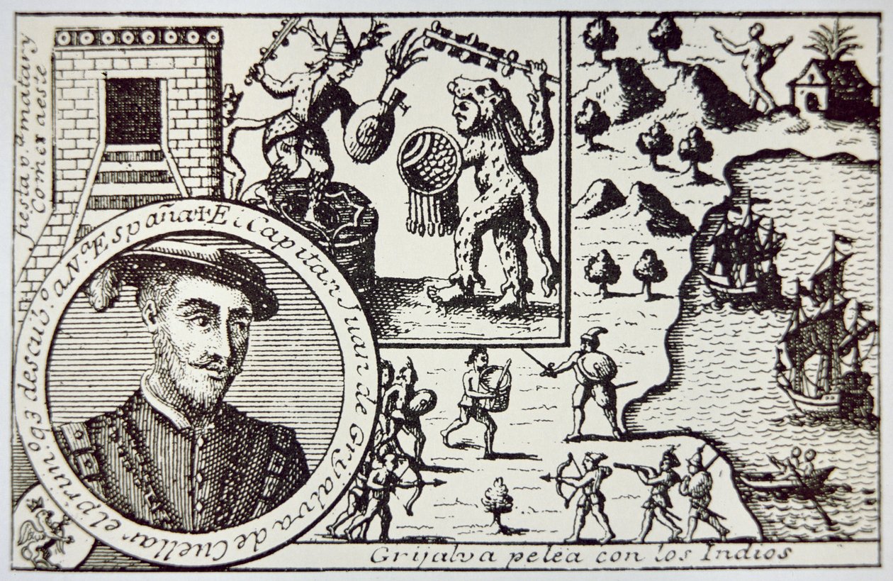 Španělé pod vedením Juana de Grijalvy se vylodili na Yucatánu a střetli se s mayskými válečníky v bitvě u Champoton, květen 1518 (litho) od School Spanish