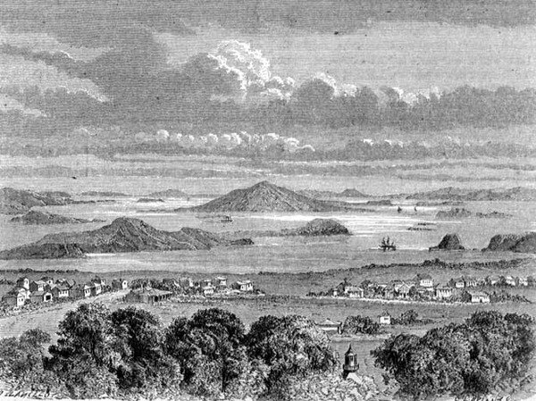 Pohled na Auckland Harbour, ilustrace z „Návratu do světa“ od School Spanish