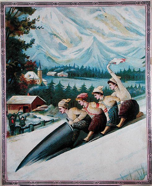 Turistické sáňkování, začátek 20. století (barevné lito) od School Swiss