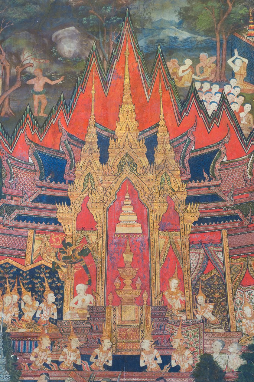 Nástěnné malby v kapli Buddhaisawan zobrazující Indru, jak sestupuje z nebes krátce po Buddhově kremaci a bere nejcennější relikvii, zub ukrytý v brahmínově chocholu. od School Thai