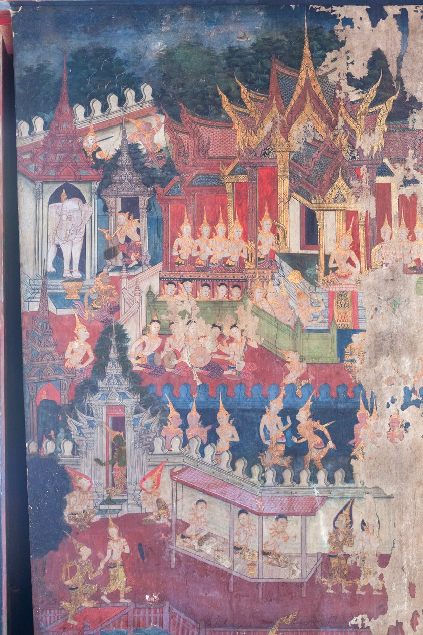 Nástěnné malby v kapli Buddhaisawan zobrazující Buddhu v královském oděvu, aby pokořil a přesvědčil pyšného, ale oklamaného císaře Jambupatiho, že cesta k osvícení má přednost před pouhým hmotným bohatstvím, palác Wang Na (malba) od School Thai