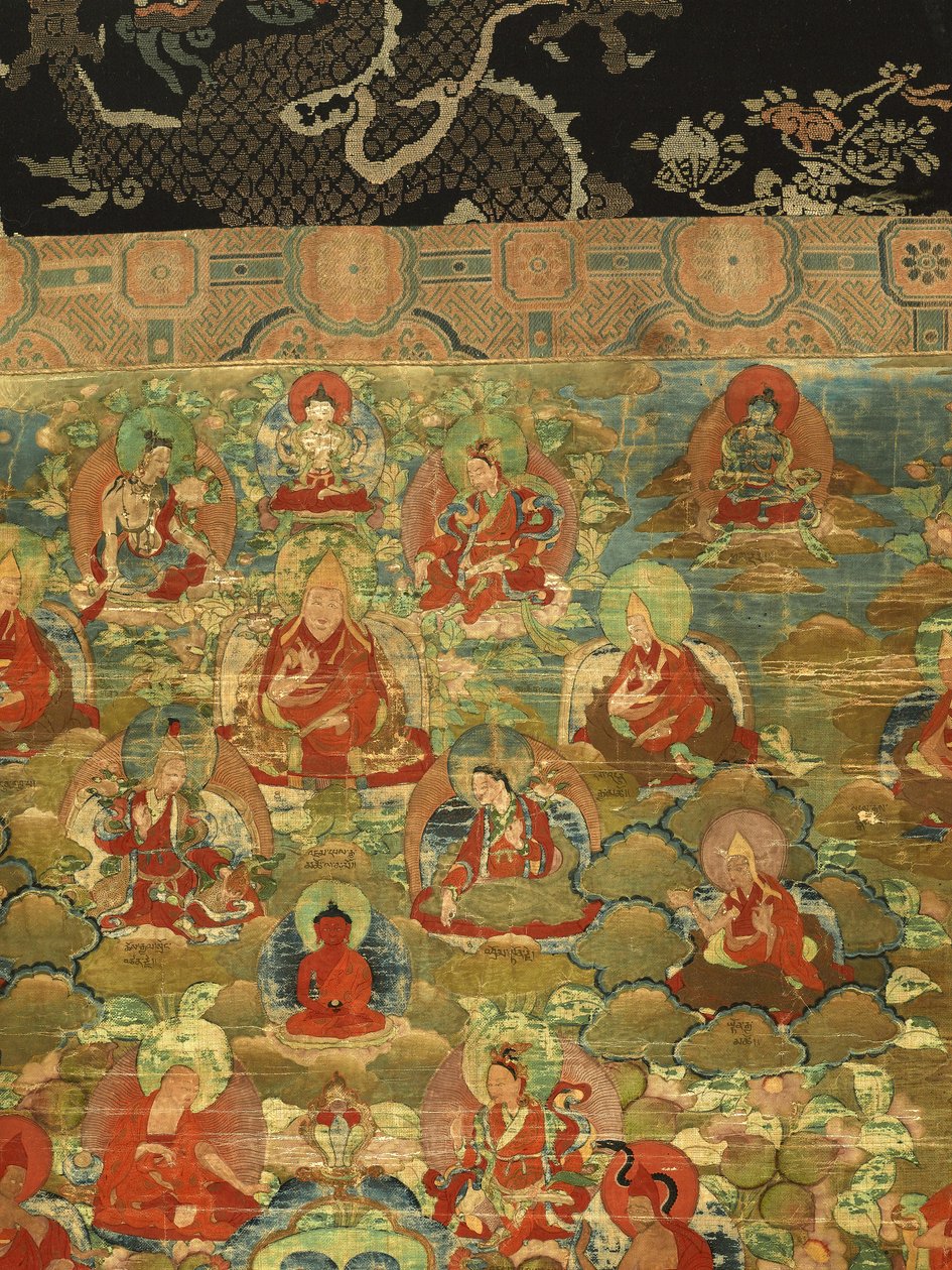 Detail třetího pančhenlamy Losan Penden Yeshe (kvaš na látce) od School Tibetan
