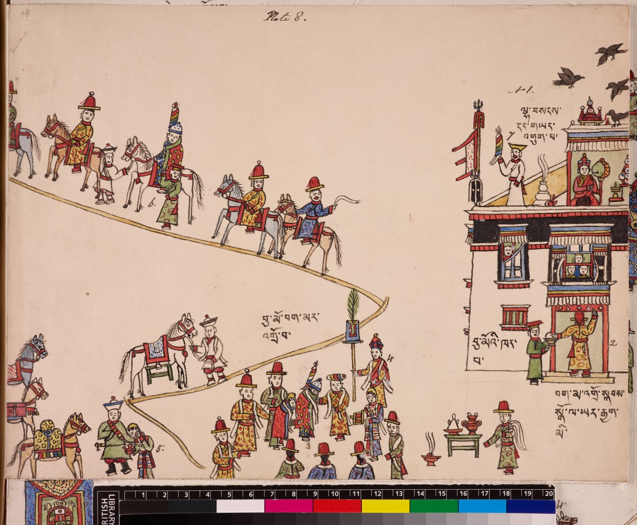 Ilustrace části svatebního obřadu: nevěsta je vyzvednuta ve svém domě, cca 1844 - 62 (pigmenty na papíře) od School Tibetan