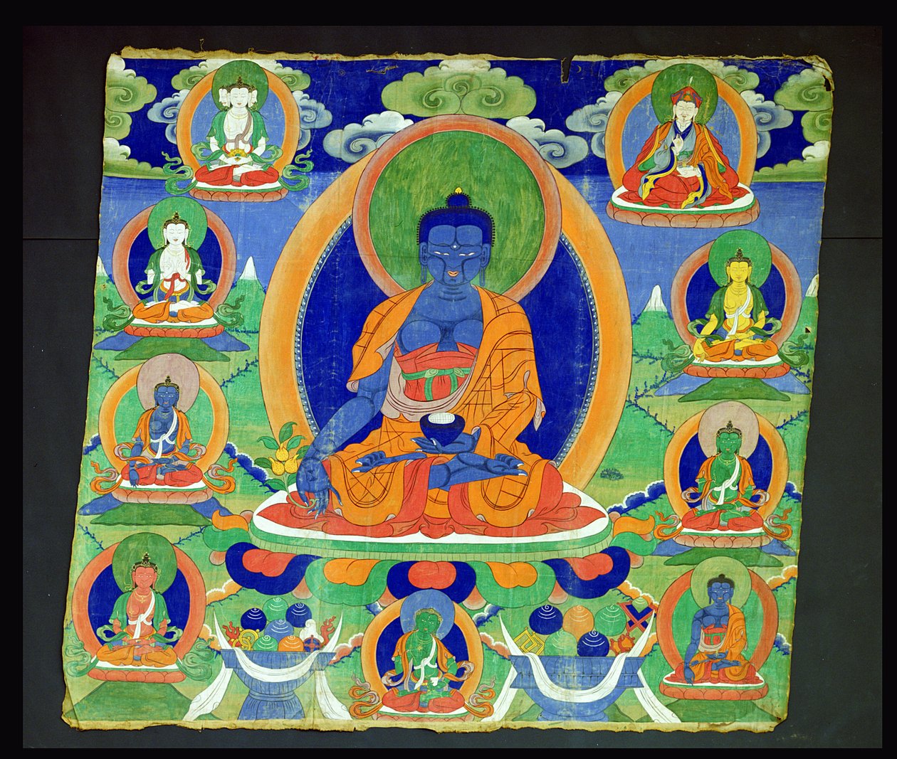 Obraz Thangka zobrazující Buddhu medicíny, tibetský Bhaishajyaguru (Menla). od School Tibetan