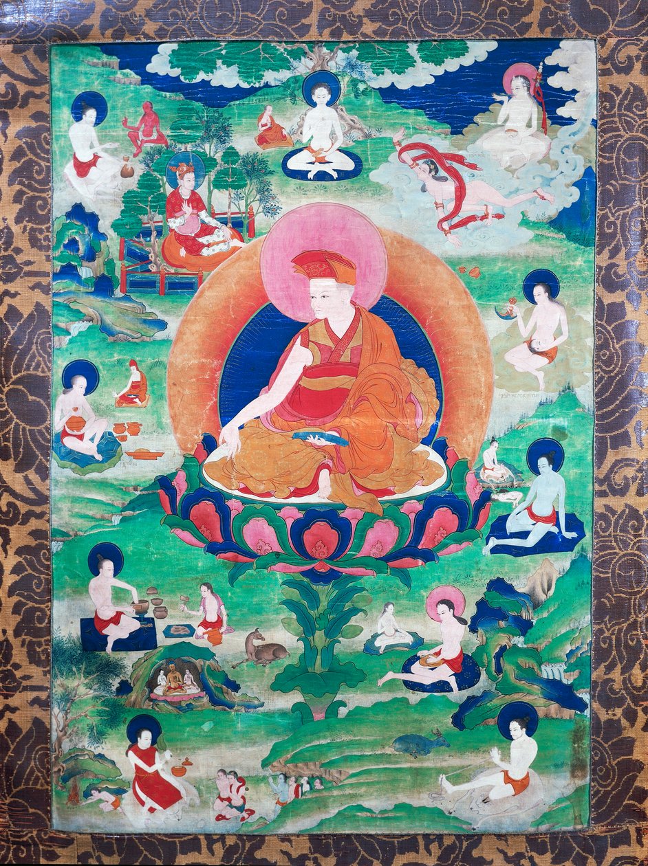 Lama Rje-grags Rtod Iha-pa-pa- dbang Graps se svatozáří a obklopený četnými mahasiddha (jogíny), žil v Indii a Tibetu (7.-11. století), Kvaš na plátně od School Tibetan