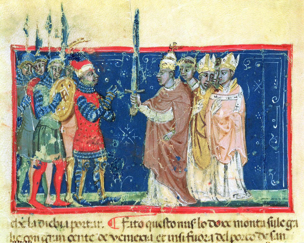 Codex Correr I 383 Papež Alexandr III (1105-81) předává meč dóžeti Sebastianu Ziani (pergamen) od School Venetian