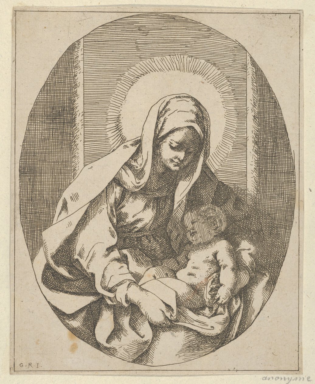 Panna na klíně drží malého Krista, oválná kompozice, podle Reni, 1620-50., 1620-50. od School of Guido Reni