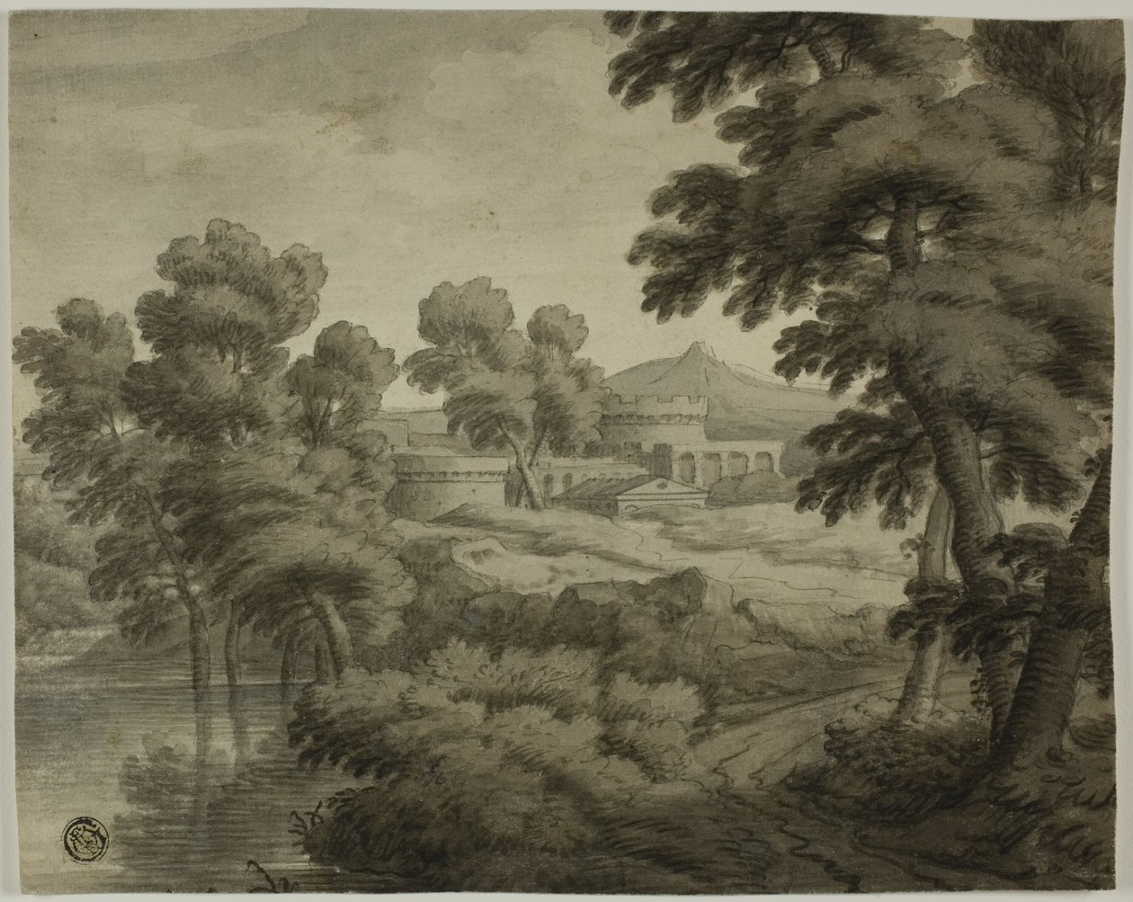 Italská krajina s hradem, stromy a vodou v popředí od School of Nicolas Poussin