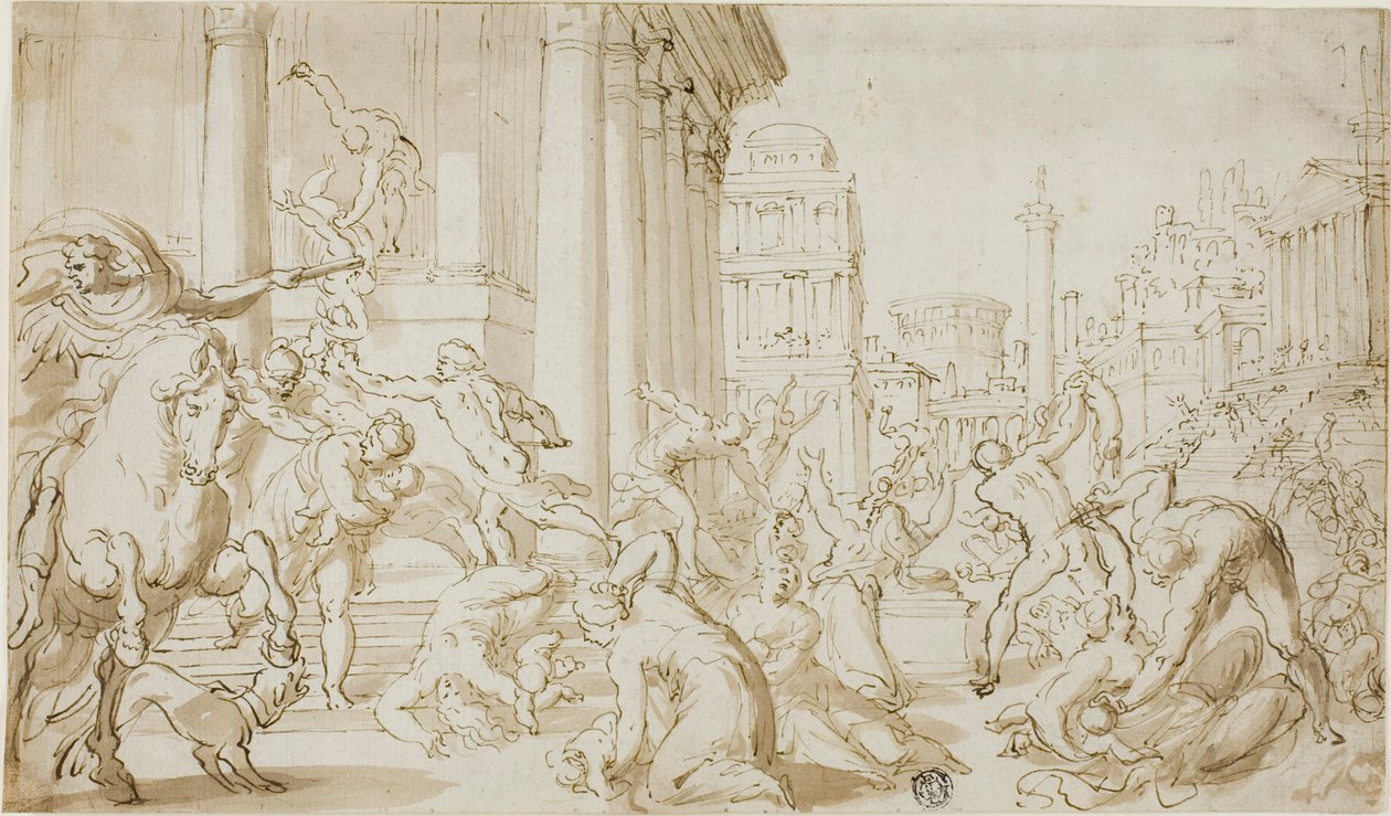 Masakr neviňátek (recto); figurální náčrty (verso) od School of Nicolas Poussin