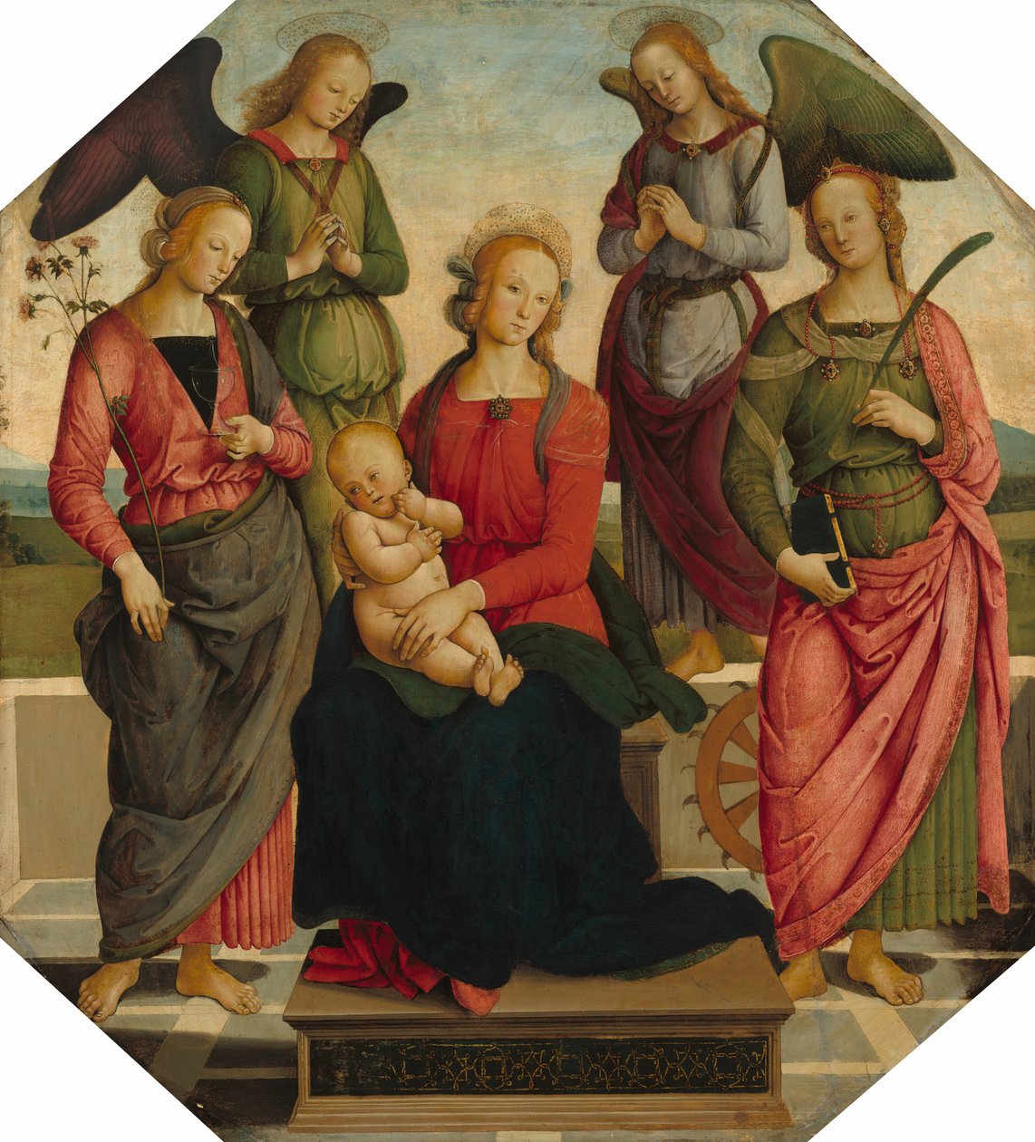 Madona a dítě se dvěma anděly, svatá Růže a svatá Kateřina Alexandrijská, počátek 16. od School of Perugino