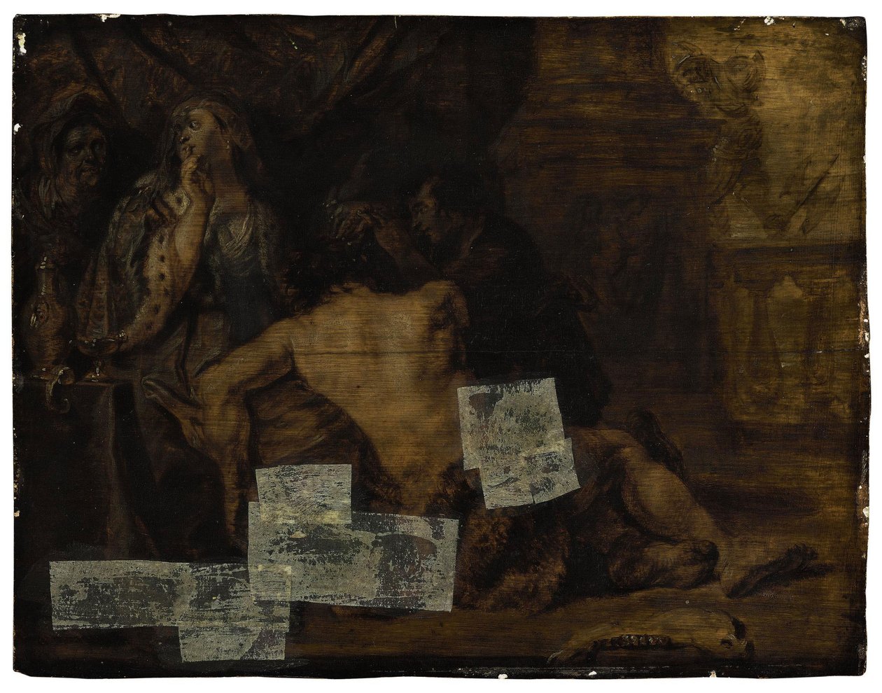 Samsonovi, spícímu na klíně Dalily, stříhají vlasy (Soudců 16,19). od School of Peter Paul Rubens