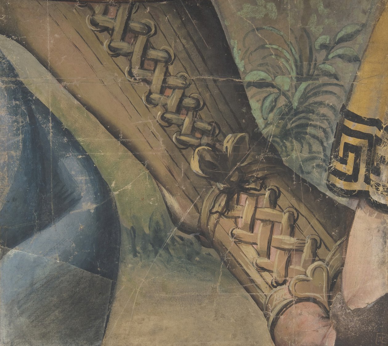 Fragment of a tapiserie Cartoon: Foot in a Buskin, Drapery, and a Plant, 1500-1550. od School of Raphael.