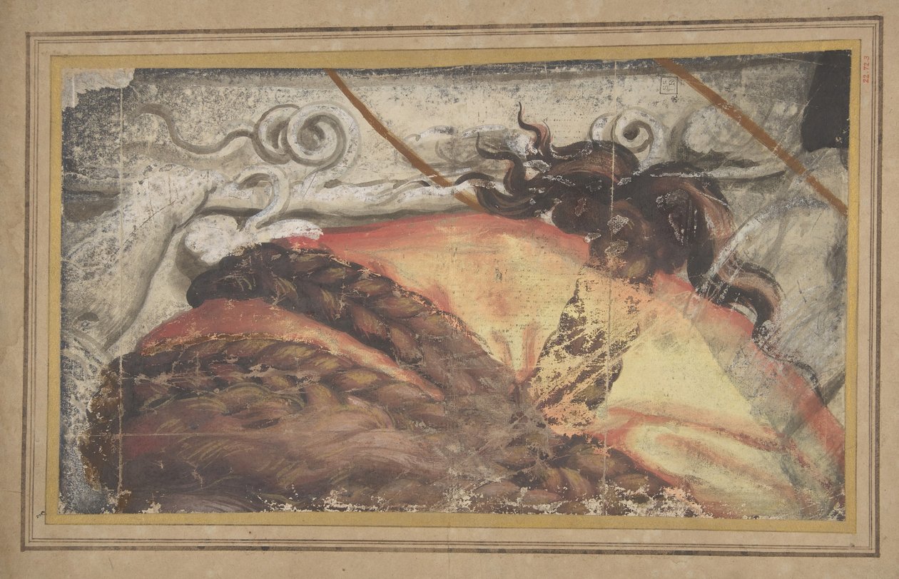 Tapisérie kreslený fragment: Vrchol ženské hlavy s vlasy spletenými přes látku..., 1500-50. od School of Raphael.