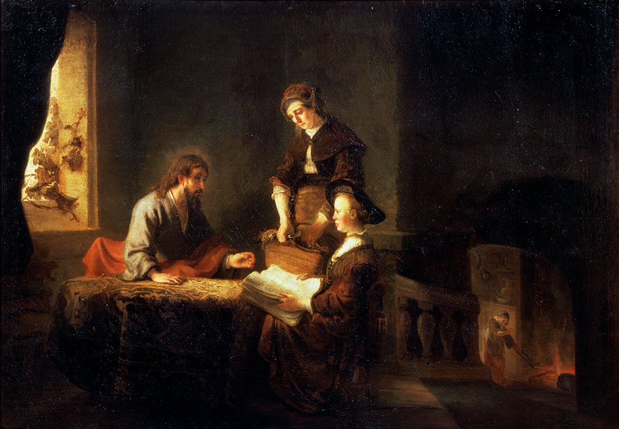 „Kristus v domě Marty a Marie“, 17. století od School of Rembrandt van Rijn
